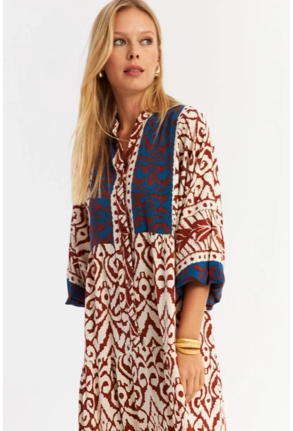 Kadın Kahverengi-Lacivert Volanlı Maxi Elbise ALO11