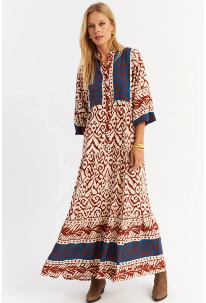 Kadın Kahverengi-Lacivert Volanlı Maxi Elbise MALO11