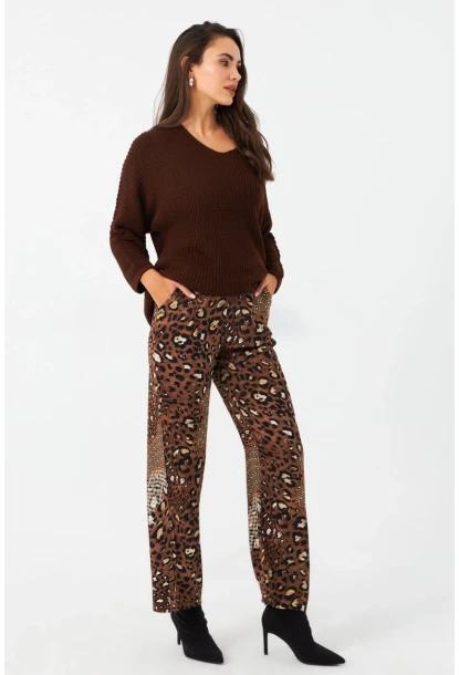 Kadın Kahverengi Leopar Desenli Saten Pantolon CAR1069