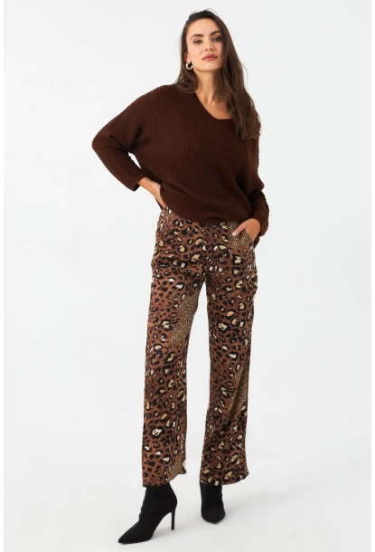 Kadın Kahverengi Leopar Desenli Saten Pantolon CAR1069