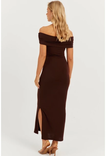 Kadın Kahverengi Madonna Yaka Midi Elbise DMR298