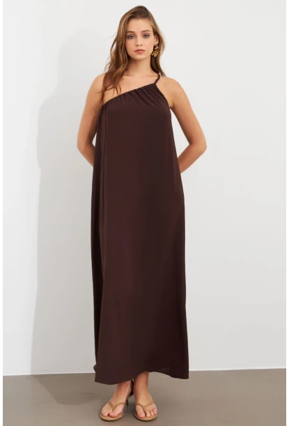 Kadın Kahverengi Tek Omuz Maxi Elbise İRE1012