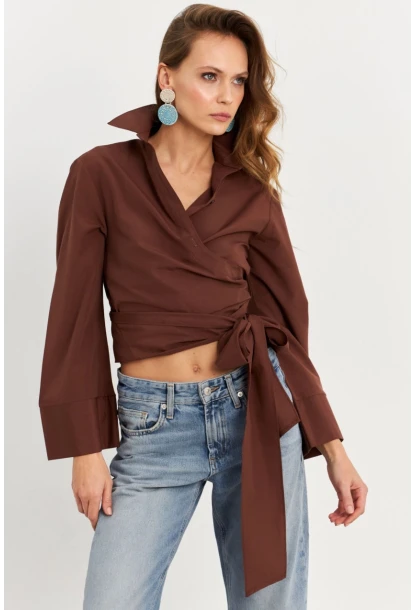 Kadın Kahverengi Önü Bağlamalı İspanyol Kol Gömlek MON142