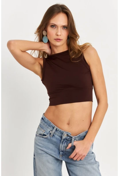Kadın Kahverengi Sırt Bağlamalı Crop Bluz EY2733