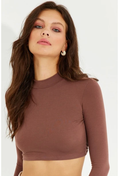 Kadın Kahverengi Sırtı Açık Crop Bluz LPP1232