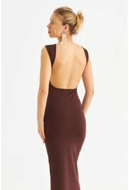 Kadın Kahverengi Sırtı Açık Midi Elbise YEL221672