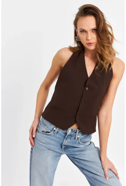 Kadın Kahverengi Sırtı Açık Yelek CAR1143