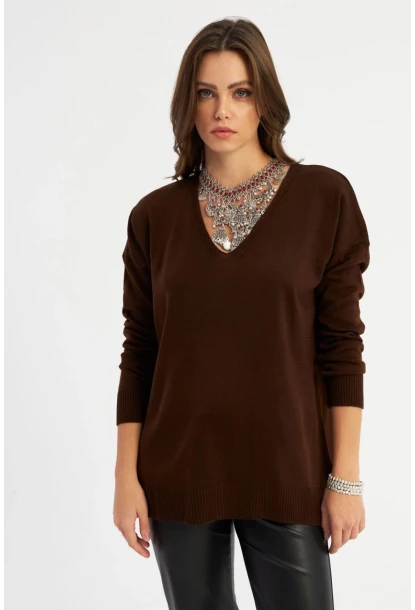Kadın Kahverengi V Yaka Triko Bluz YİL557