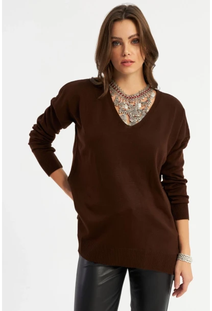 Kadın Kahverengi V Yaka Triko Bluz YİL557