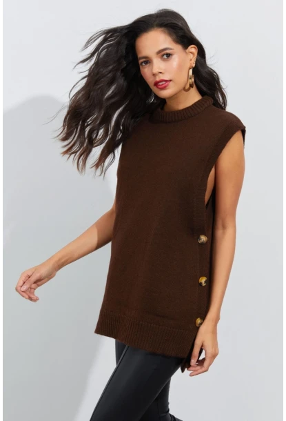 Kadın Kahverengi Yanları Düğmeli Kolsuz Triko Tunik YV75
