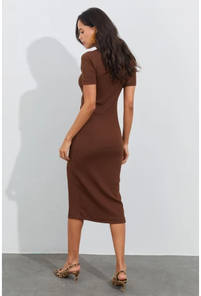 Kadın Kahverengi Yırtmaçlı Kaşkorse Elbise EY1020