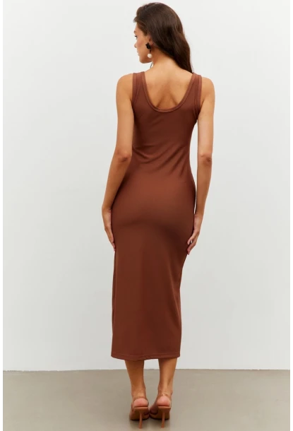 Kadın Kahverengi Yırtmaçlı Midi Elbise RMZ20950
