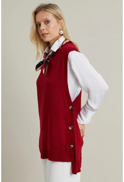 Kadın Kiremit Yanları Düğmeli Kolsuz Triko Tunik YV75