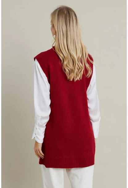 Kadın Kiremit Yanları Düğmeli Kolsuz Triko Tunik YV75