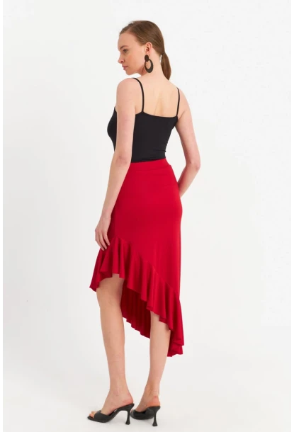 Kadın Kırmızı Asimetrik Pileli Etek EV741