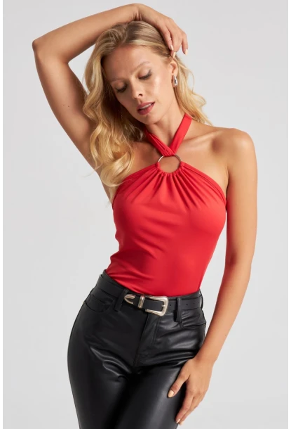 Kadın Kırmızı Boyun Bağlamalı Halkalı Crop Bluz EY2674