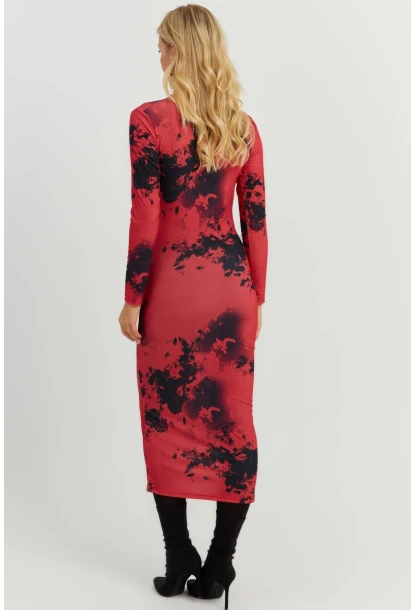 Kadın Kırmızı Büzgülü Desenli Midi Elbise MON118