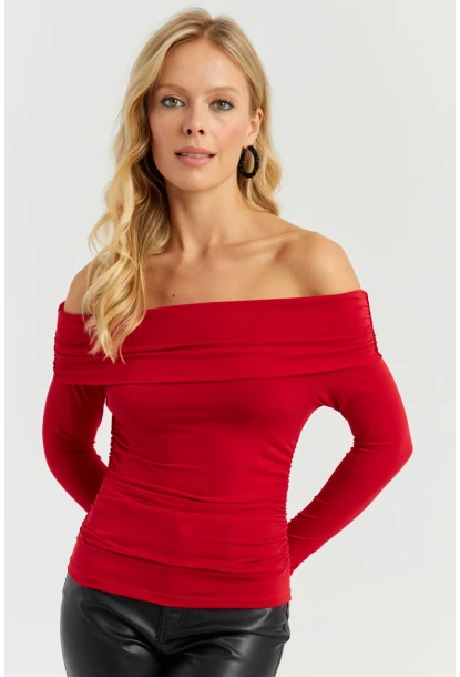 Kadın Kırmızı Büzgülü Madonna Bluz MON1119