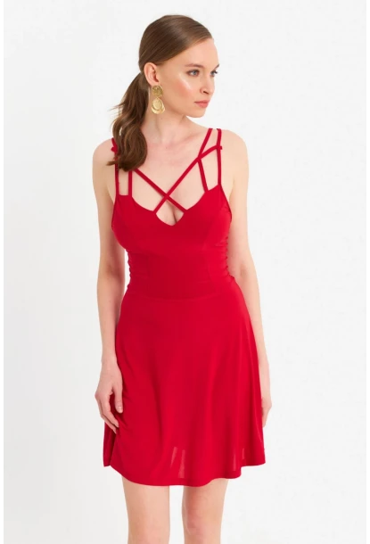 Kadın Kırmızı Çapraz Askılı Mini Elbise ELT182