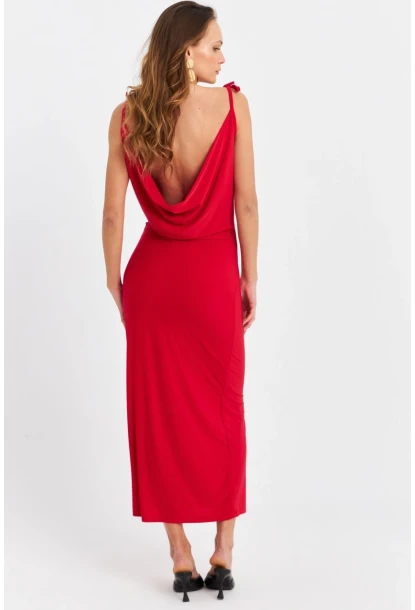 Kadın Kırmızı Degaje Maxi Elbise HOR0071