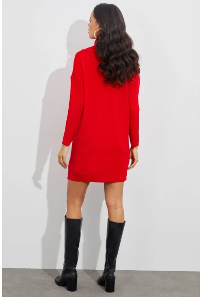 Kadın Kırmızı Degaje Yaka Triko Mini Elbise YV73