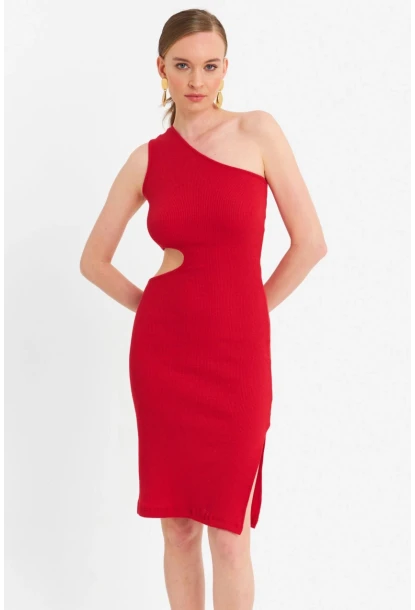 Kadın Kırmızı Dekolteli Kaşkorse Midi Elbise OR2460