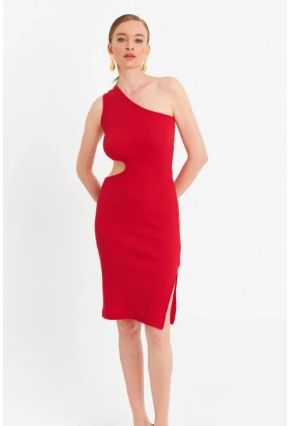Kadın Kırmızı Dekolteli Kaşkorse Midi Elbise OR2460