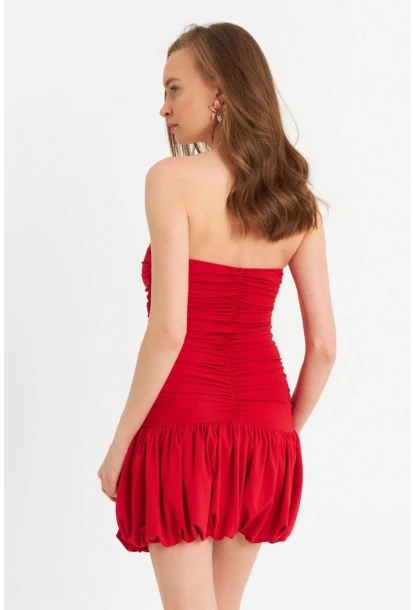 Kadın Kırmızı Drapeli Mini Elbise B6033