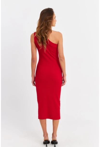Kadın Kırmızı Düğme Aksesuarlı Kaşkorse Midi Elbise EY3081