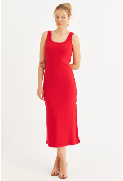 Kadın Kırmızı Düğme Detaylı Kaşkorse Midi Elbise EY2837