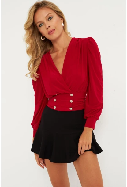 Kadın Kırmızı Düğme Detaylı Kruvaze Bluz ELT3188