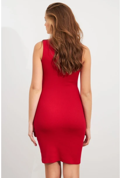 Kadın Kırmızı Düğme Detaylı Midi Elbise URO1111