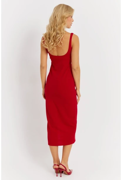 Kadın Kırmızı Fiyonk Detaylı Yırtmaçlı Midi Elbise KED4283