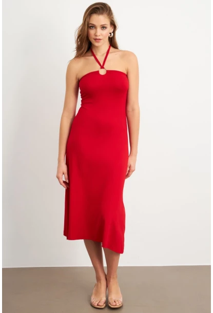 Kadın Kırmızı Halka Detaylı Midi Elbise EY3089