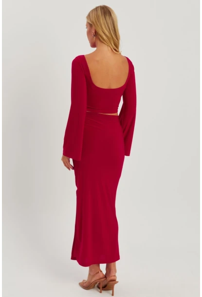 Kadın Kırmızı Halka Detaylı Sırtı Açık Etek Takım HO051