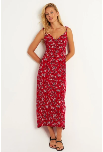 Kadın Kırmızı İp Askılı Çiçekli Midi Elbise GÇ172