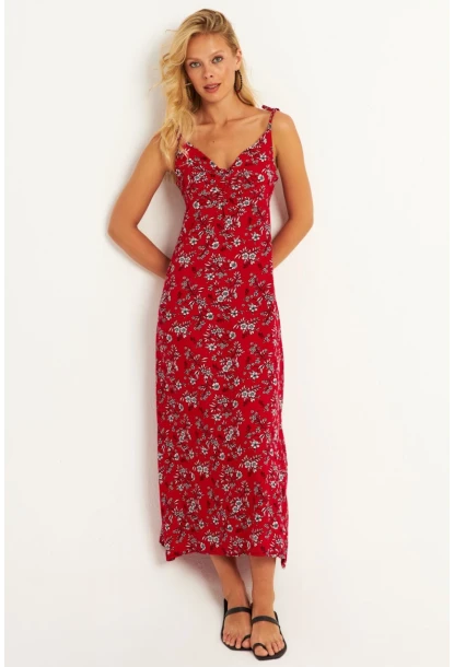 Kadın Kırmızı İp Askılı Çiçekli Midi Elbise GÇ172