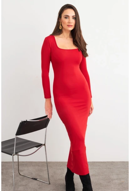 Kadın Kırmızı Kare Yaka Midi Elbise XC8102