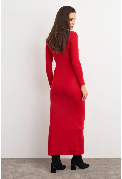 Kadın Kırmızı Kare Yaka Midi Elbise XC8102