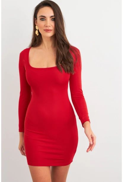 Kadın Kırmızı Kare Yaka Mini Elbise XC8100