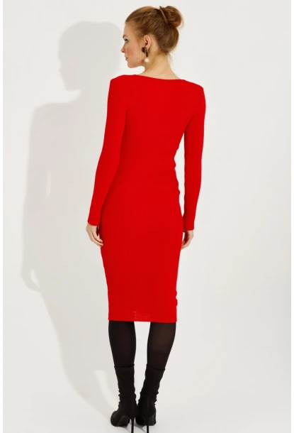 Kadın Kırmızı Kare Yaka Triko Midi Elbise SF2520