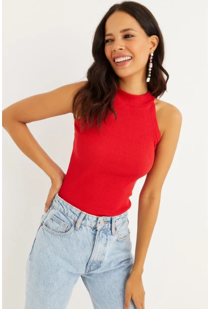 Kadın Kırmızı Kaşkorse Kolsuz Bluz Yİ1566