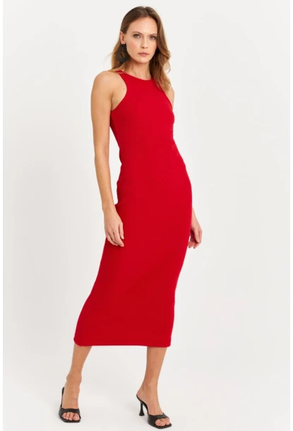 Kadın Kırmızı Kolsuz Kaşkorse Midi Elbise EY3049