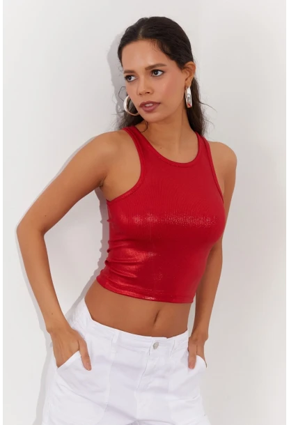 Kadın Kırmızı Metalik Crop Bluz LPP1218