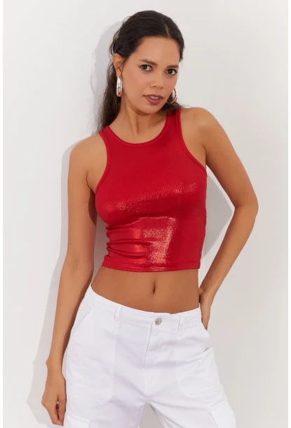 Kadın Kırmızı Metalik Crop Bluz LPP1218