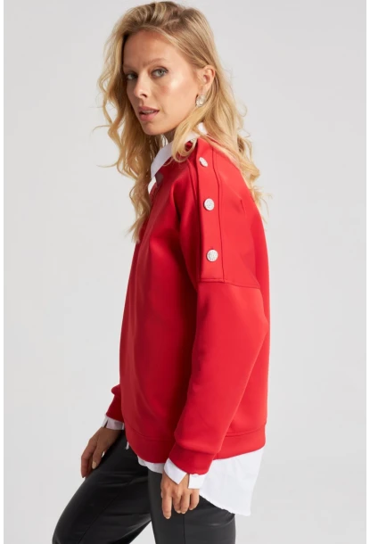 Kadın Kırmızı Omuz Taşlı Dalgıç Sweatshirt ST824