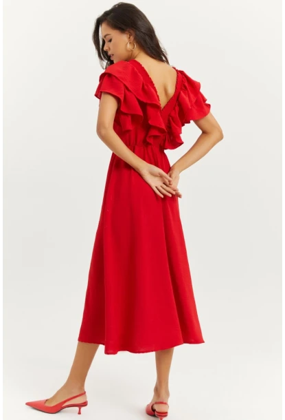 Kadın Kırmızı Ön Arka V Volanlı Elbise KS113