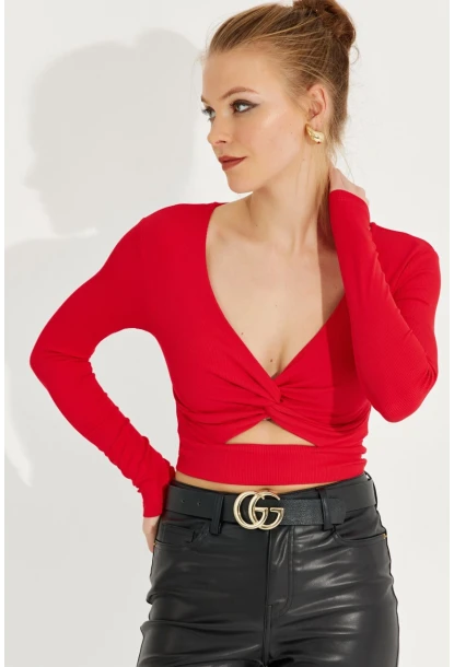 Kadın Kırmızı Önü Düğümlü Crop Bluz AYD244