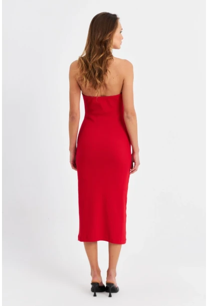 Kadın Kırmızı Pencereli Kaşkorse Midi Elbise EY3063