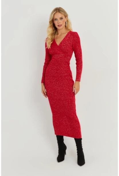 Kadın Kırmızı Simli Kruvaze Triko Maxi Elbise KED3578